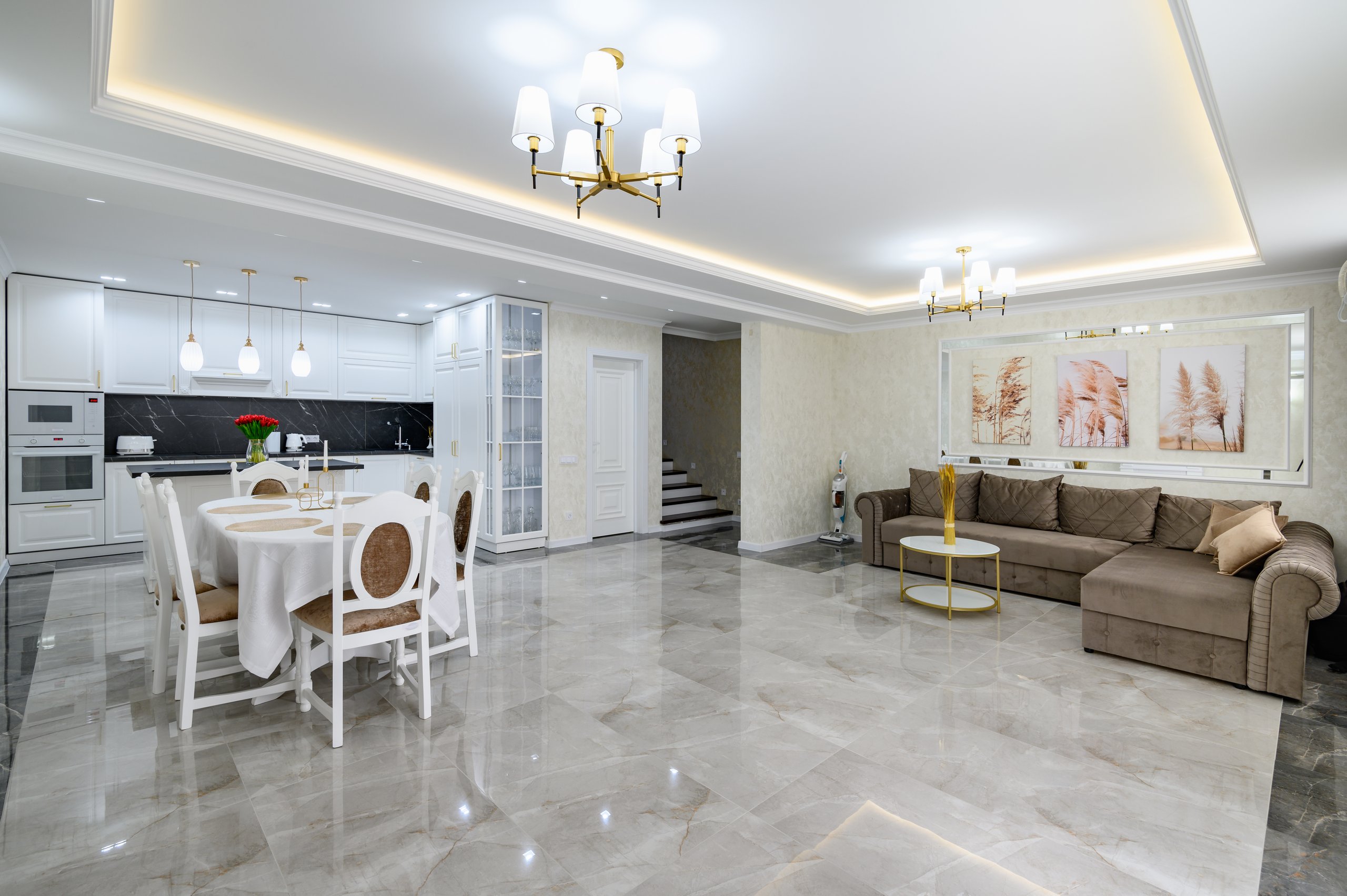 Luxurious large domestic kitchen with marble floor