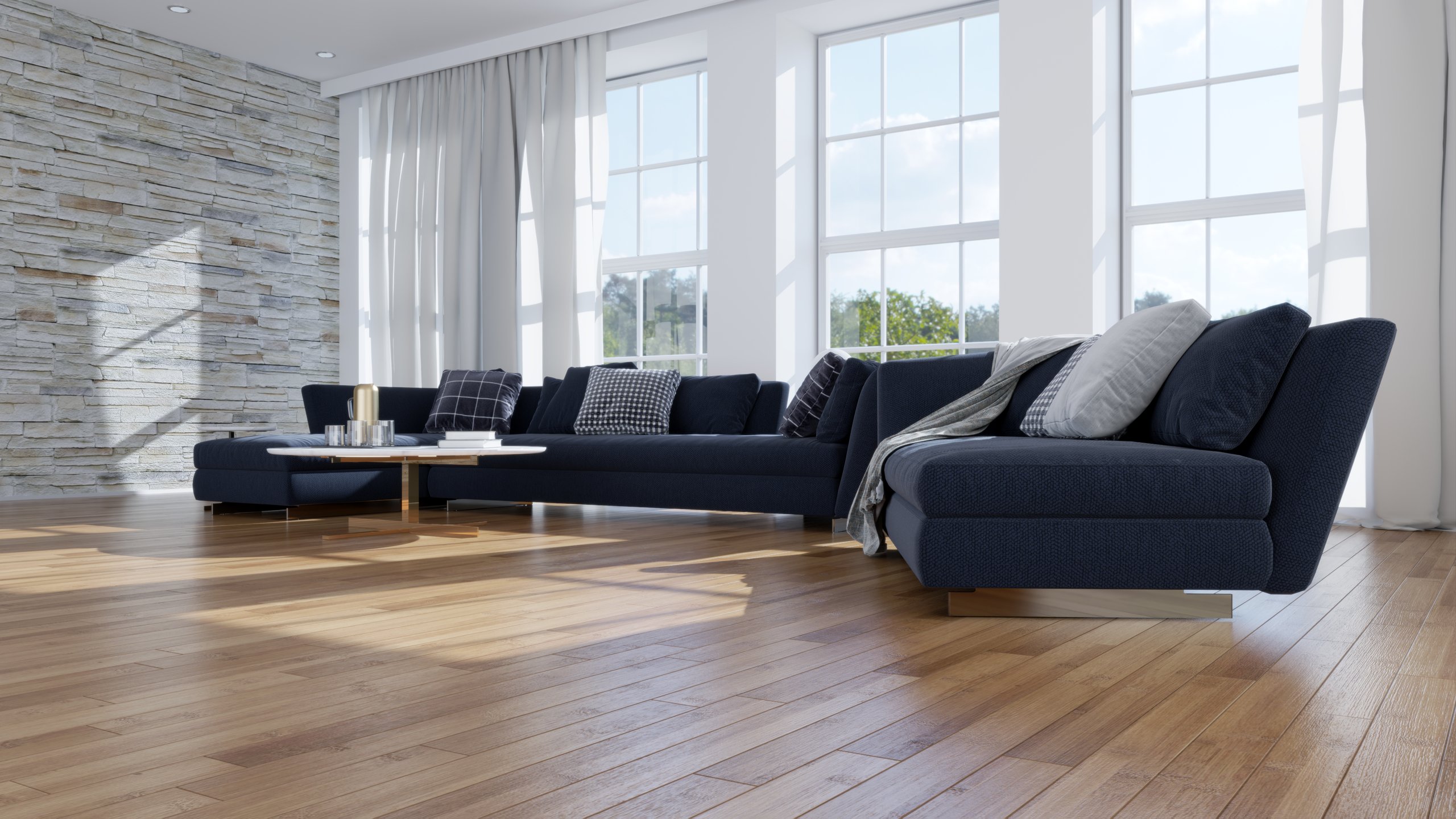 Large luxury modern bright interiors Living room mockup illustration 3D rendering