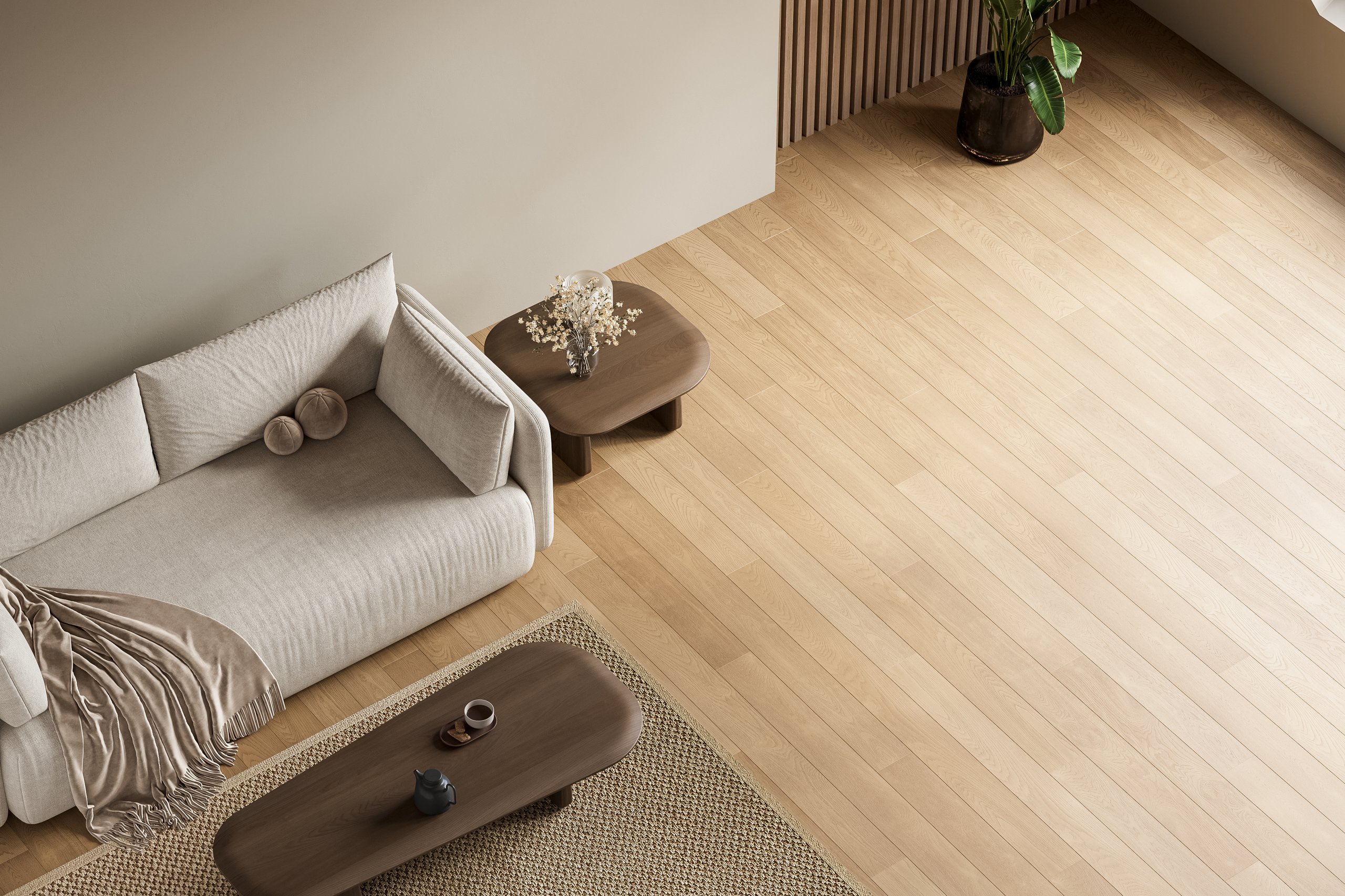 Modern living room with light oak flooring